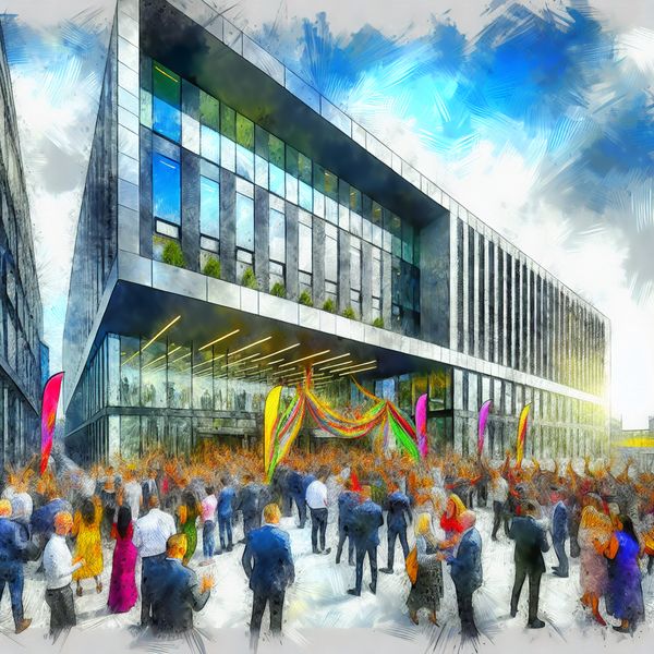Een drukke modern kantoorgebouw met mensen die de opening vieren, omringd door kleurrijke banners en veel bedrijvigheid.