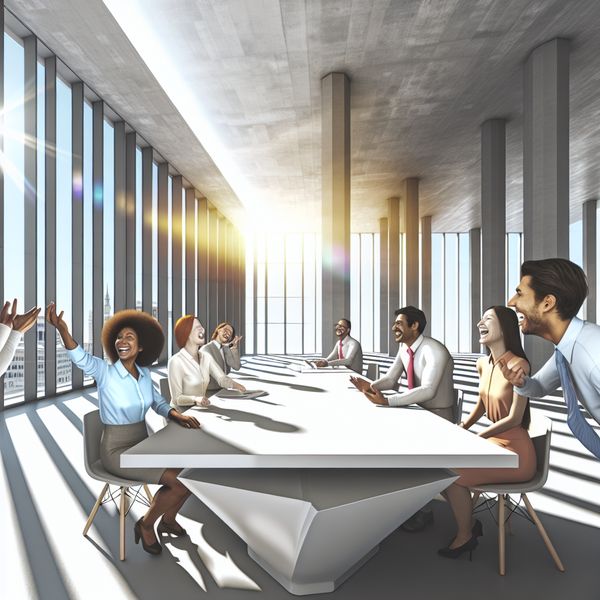 Moderne kantooromgeving met blije medewerkers Een hyperrealistisch beeld van een moderne kantooromgeving met een diverse groep blije medewerkers die samenwerken aan een conference tafel.