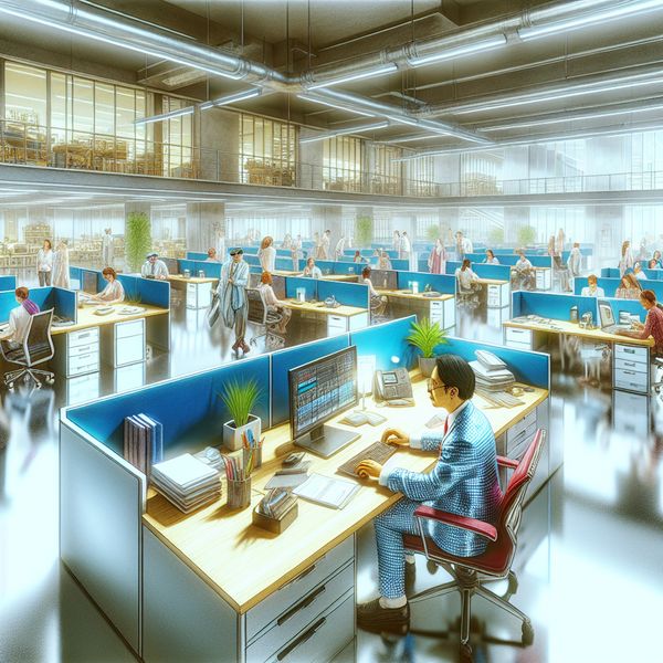 Moderne Zakelijke Kantooromgeving met Werkende Medewerker Man in business suit working at a desk in a modern open-plan office