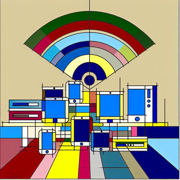 Moderne kantoorsetting met computerverbindingen Een kleurrijke minimalistische illustratie van een modern kantoor met verbonden computers en apparaten, weergegeven met levendige lijnen.