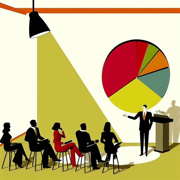 Moderne kantoorvergadering met kleurrijke presentatie Groep mensen in moderne kantoorvergadering met spreker die een kleurrijke taartdiagram aanwijst