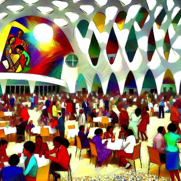 Vibrante Samenkomst in een Moderne Kerk Abstracte weergave van een levendige bijeenkomst in een moderne kerk met diverse mensen die interactief en blij zijn.