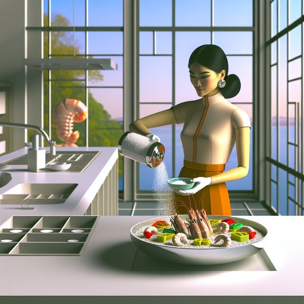 Moderne Keuken met Zeezout en Chef Een chef voegt zeezout toe aan een levendig gerecht in een moderne keuken met retro-futuristisch design.