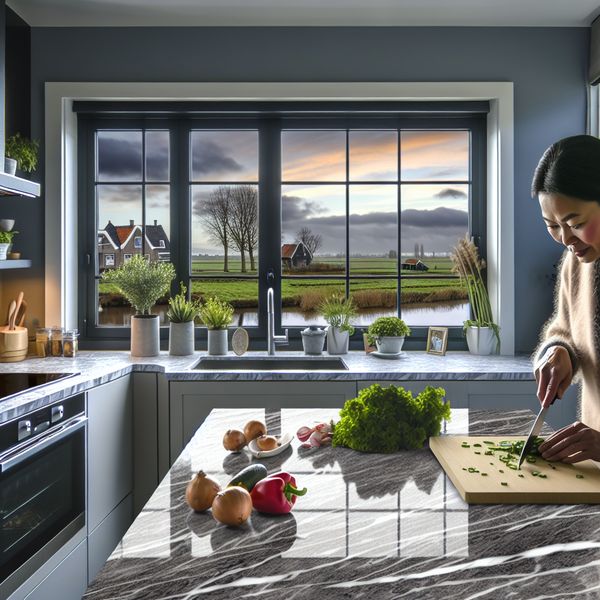 Een persoon snijdt verse groenten op een prachtig marmeren aanrecht in een moderne keuken met grote ramen en een uitzicht op een Nederlands landschap.