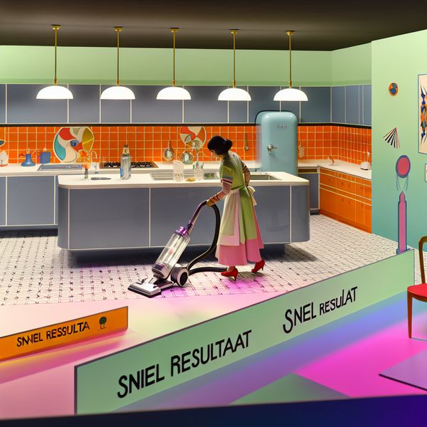 Moderne retro-futuristische keuken met stofzuigen Moderne keuken met retro-futuristisch ontwerp en een persoon die enthousiast stofzuigt met een stijlvolle stofzuiger.