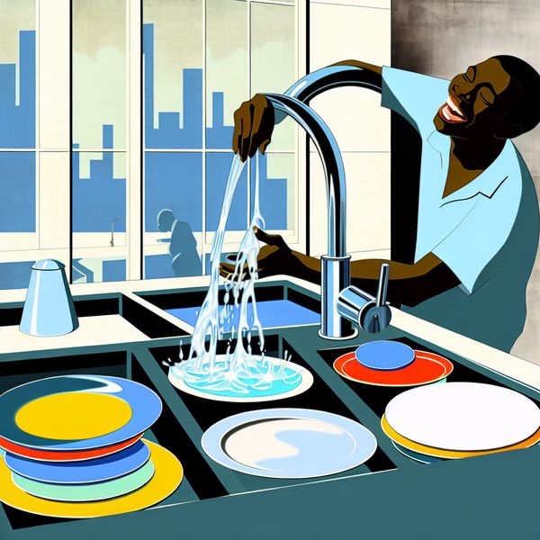 Persoon die vrolijk gerechten afspoelt in een moderne keuken met een strak design.