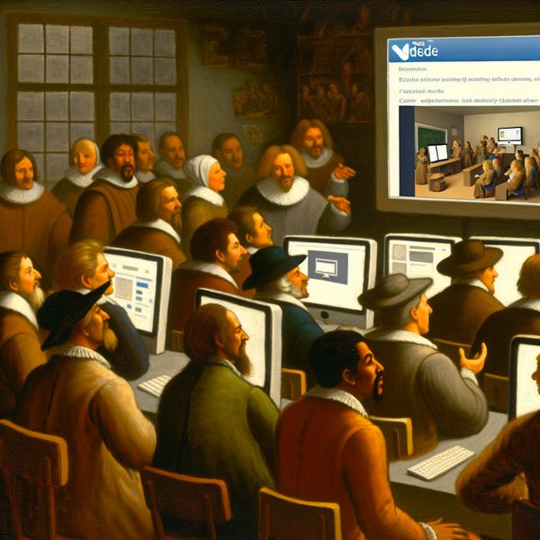 Moderne klaslokaal met enthousiaste docenten die samenwerken rond computers en een digitaal platform genaamd 'DEDE' bekijken.