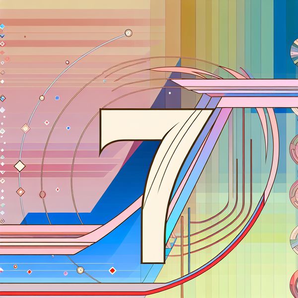 Moderne kunst van het getal zeven in retro-futuristische stijl Artistieke weergave van het getal zeven omringd door geometrische vormen die de dagen van de week voorstellen.