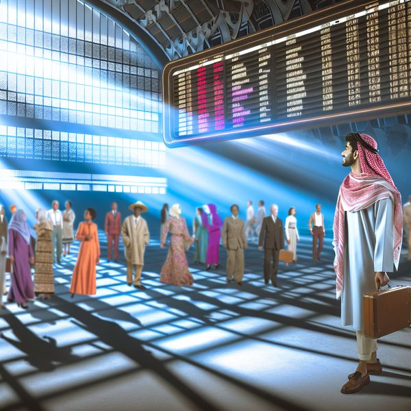 Jonge man in een levendige luchthaven terminal, kijkend naar een modern vluchtinformatie bord.
