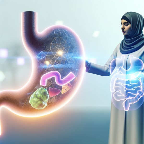 Moderne illustratie van de maag en spijsvertering door een arts Retro-futuristische illustratie van een dokter die een grote, gestileerde, transparante maag onderzoekt.