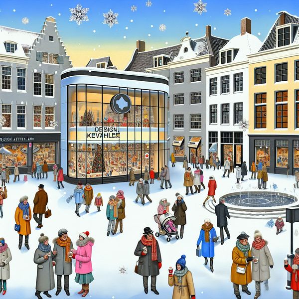 Moderne Ontwerpwinkel in de Winter met Designartikelen Modern ontwerpwinkel in een levendige winterse stad, met het bord 'Designartikelen' en vrolijke kopers.