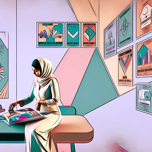 Moderne retro-futuristische scène van informatieaanvraag Jonge vrouw aan een minimalistisch bureau, bekijkt een kleurrijke brochure over een cursus, met retro-futuristische elementen op de achtergrond.