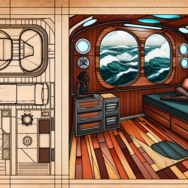 Moderne Retro-Futuristische Kajuit van een Scheepsbemanning Modern retro-futuristic kajuit voor bemanning met een slaapplaats, waarbij een porthole de oceaan toont.
