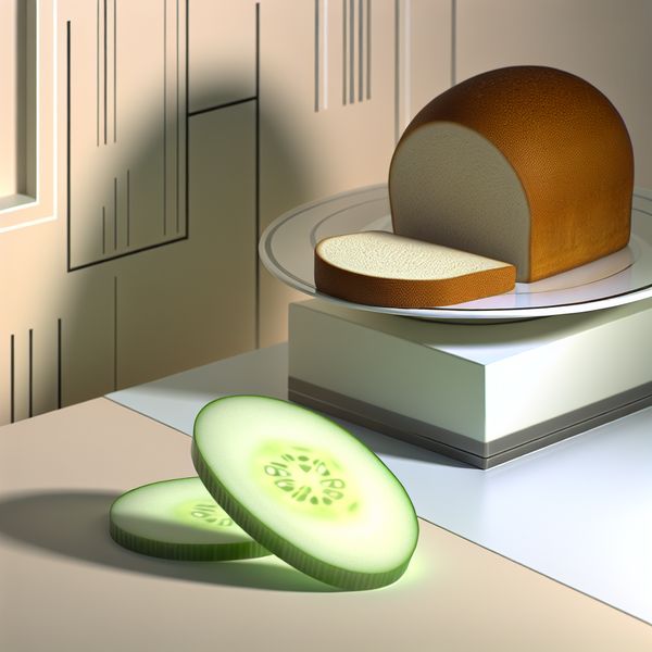 Een moderne retro-futuristische keuken met vers gebakken brood en een gesneden komkommer op een schoon aanrecht.