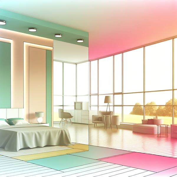Moderne retro-futuristische slaapkamer met grote ramen en minimalistische inrichting