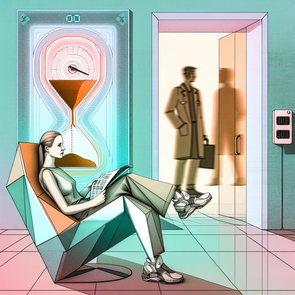Moderne retro-futuristische wachtkamer illustratie Illustratie van een modern retro-futuristische wachtkamer met een persoon in een geometrische stoel die een tijdschrift leest.