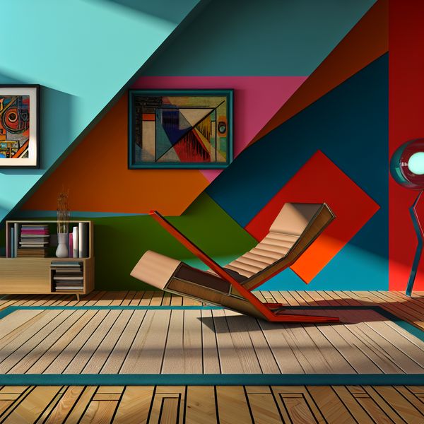 Een moderne retro-futuristische woonkamer met een scheve, stijlvolle stoel en een abstract kunstwerk dat niet helemaal recht hangt.