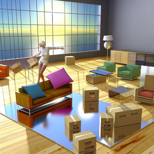 Moderne retro-futuristische woonkamer met unboxing van meubels Een vrouw unboxt moderne meubels in een retro-futuristische woonkamer, omringd door dozen.