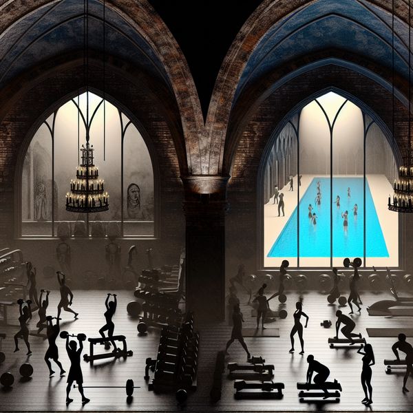 Moderne sportschool met gothic-inspiratie: fitness, krachttraining en yoga in sfeervolle setting Donkere, symbolische sportschool in gothic-stijl met diverse mensen die trainen, gewichten heffen en yoga beoefenen, met een zwembad op de achtergrond