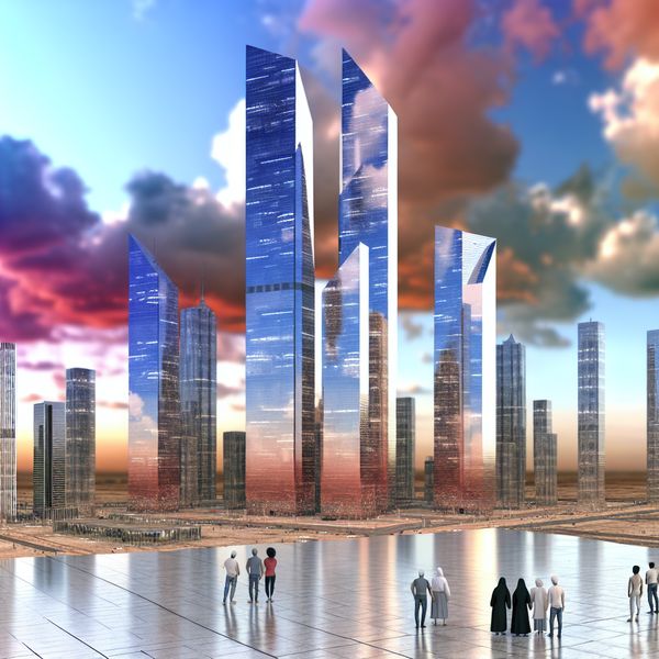 Hyper-realistisch uitzicht op een moderne stad met hoge wolkenkrabbers die de skyline domineren bij zonsondergang, met mensen in de voorgrond die naar boven kijken.