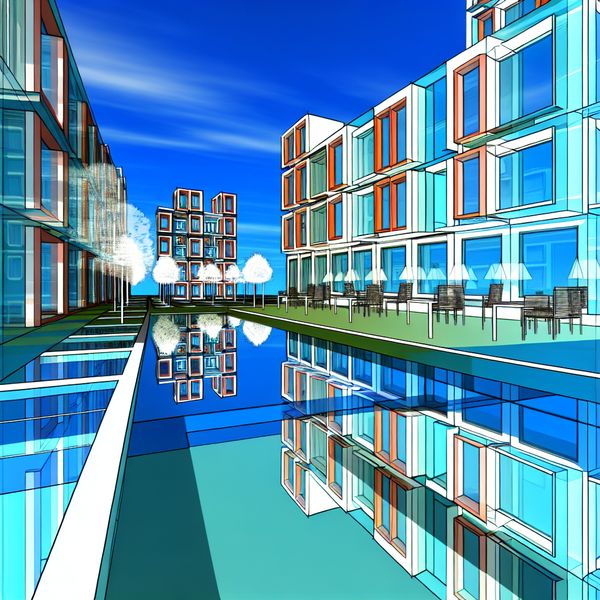 Moderne Stedelijke Architectuur met Optische Illusies Moderne flats met grote ramen en geometrische vormen in een levendige stedelijke omgeving