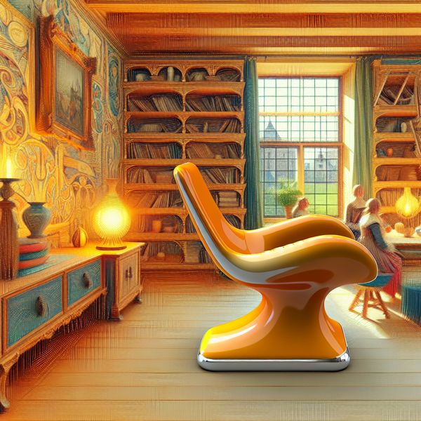 Een moderne, stijlvolle stoel in een gezellige ruimte vol boeken, planten en warm licht, omringd door mensen in gesprek.