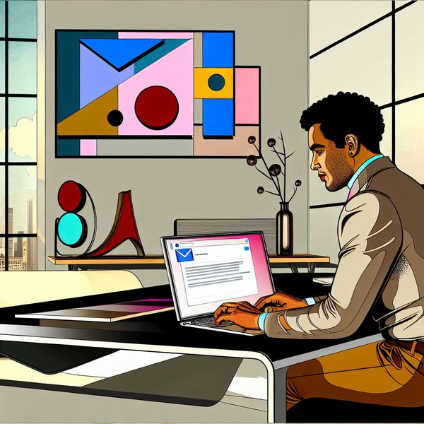 Moderne Thuiskantoor Illustratie voor E-mail Communicatie Een persoon in een moderne thuiskantoorsetting typt gefocust op een laptop met een kleurrijke e-mailinterface.