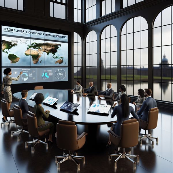 Vergaderruimte voor zakelijke bespreking van klimaatverandering en Covid-19 Moderne vergaderruimte met zakenmensen die discussiëren over klimaatverandering en Covid-19