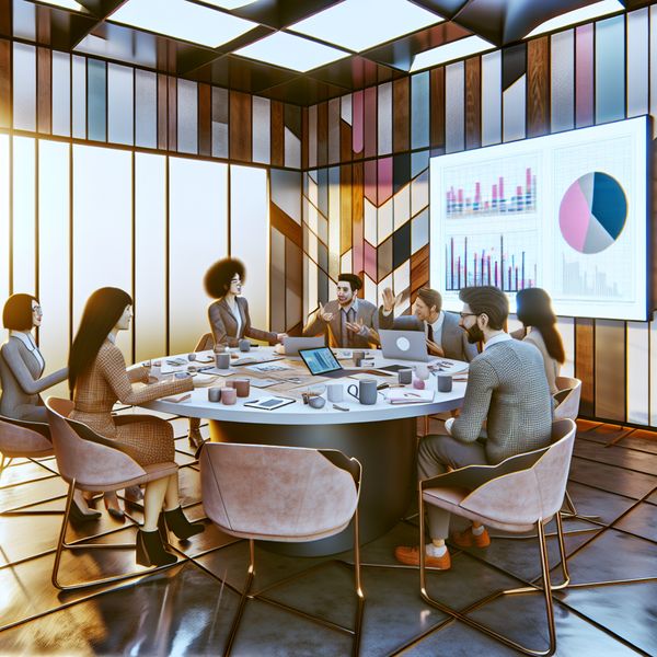 Moderne vergaderruimte met collega's in bespreking Collega's in een moderne vergaderruimte tijdens een levendige bespreking rond een ronde tafel, met grafieken op het scherm.