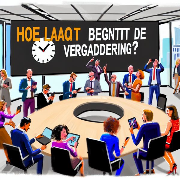 Moderne vergaderruimte met tijdsverwachting Een moderne vergaderruimte met mensen die op een klok of telefoon kijken, met de vraag 'Hoe laat begint de vergadering?' op een scherm.