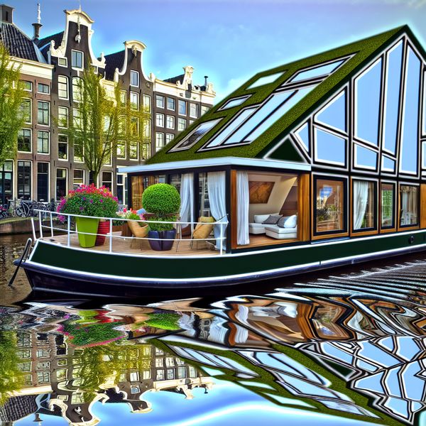 Moderne Villawoonboot in Amsterdam - Een Luxe Leefstijl op het Water Luxueuze huisboot in Amsterdam met grote ramen, groene planten op het dek en kleurrijke bloemen
