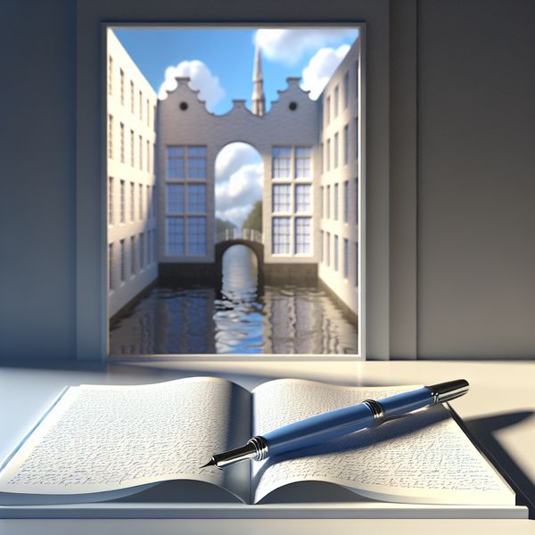 Hyper-realistisch beeld van een modern bureau met een blauwe pen boven een open notitieboek, gefilterd licht en surrealistische achtergrond.