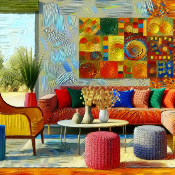 Moderne Woonkamer met Kleur Harmonisatie Gezellige moderne woonkamer met kleur harmonieuze inrichting, zonlicht en diverse texturen.