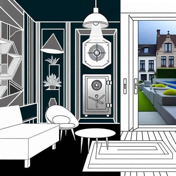 Moderne woonkamer met retro-futuristisch ontwerp en een grote kluis naast een raam met uitzicht op een rustige buurt.
