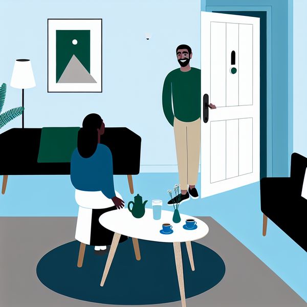 Moderne woonkamer met verwelkoming bij de deur Vrolijke illustratie van een moderne woonkamer waar iemand een bezoeker verwelkomt bij de deur.