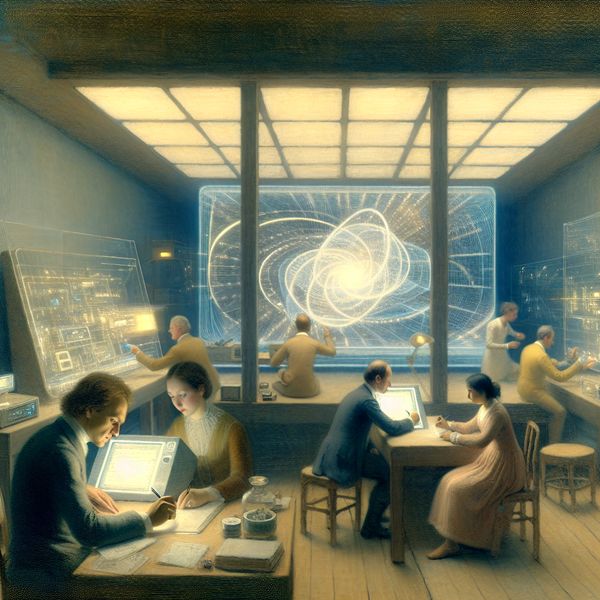 Moderne Workshop voor Technologie Innovatie Een moderne workshop waar een diverse groep mensen samenwerkt aan innovatieve technologieprojecten, met een futurisch digitaal scherm en een persoon die ideeën schetst op een nietepad.