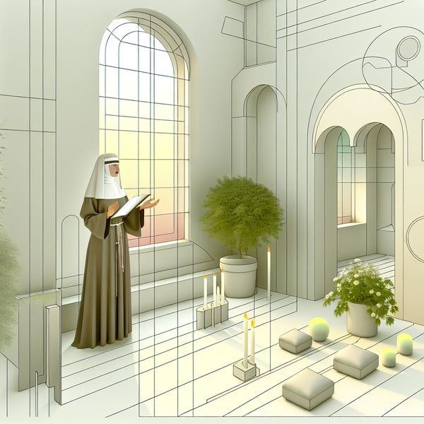 Moderne zuster leidt gebeden in minimalistische kapel Een moderne, retro-futuristische scène met een zuster die in een minimalistische kapel gebeden leidt, omringd door geometrische vormen en natuurlijke elementen.