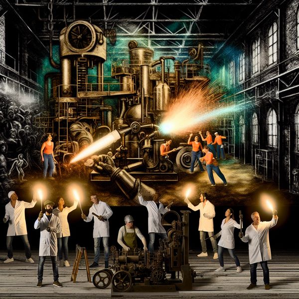 Modernisatie van een oude fabriek door diverse arbeiders Een groep diverse arbeiders moderniseert een oude fabriek, met heldere vonken en een mix van oude en nieuwe machines.