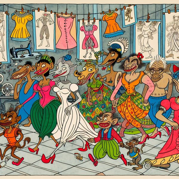 Modewereld als levendig domein: cartoon van een dynamische en creatieve sector Speelse cartoon van een levendige modewereld met antropomorfe dieren en mensen in extravagante outfits op een catwalk, omringd door naaimachines, stoffen en schetsen