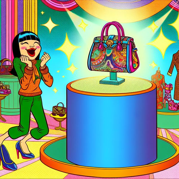 Stijlvolle Handtas in Mode Boutique Cartoonachtige afbeelding van een modieuze handtas op een kleurrijke voetstuk, met een jonge vrouw die het bewondert.