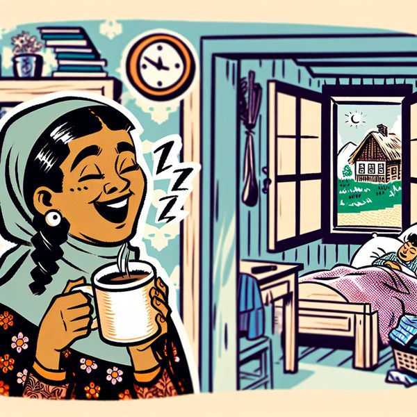 Moe en Slaperig in de Slaapkamer - Cartoons over Oorzaak en Gevolg Cartoon illustratie van een moe karakter in een gezellige slaapkamer met een rommelig bed en een klok die laat is, terwijl het personage een kopje koffie vasthoudt en gaapt.