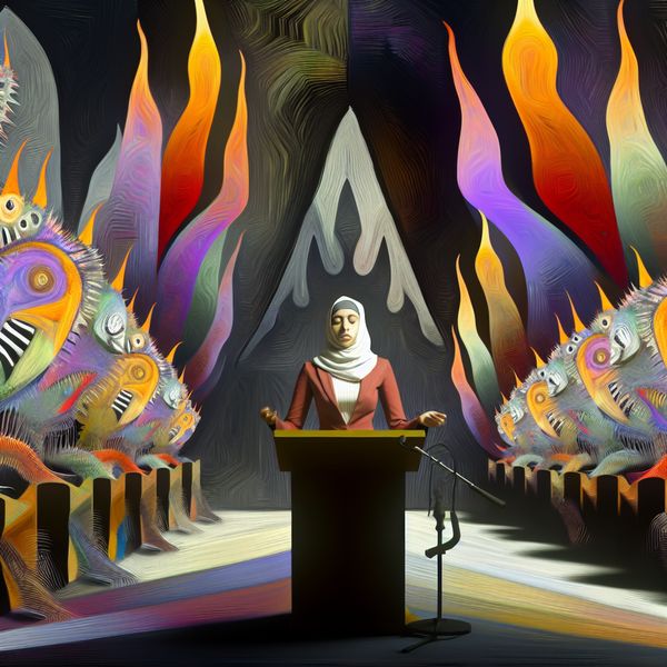 Een vrouw die zelfverzekerd spreekt vanaf een podium in een surrealistische zaal, omringd door bizarre wezens en vreemde planten.