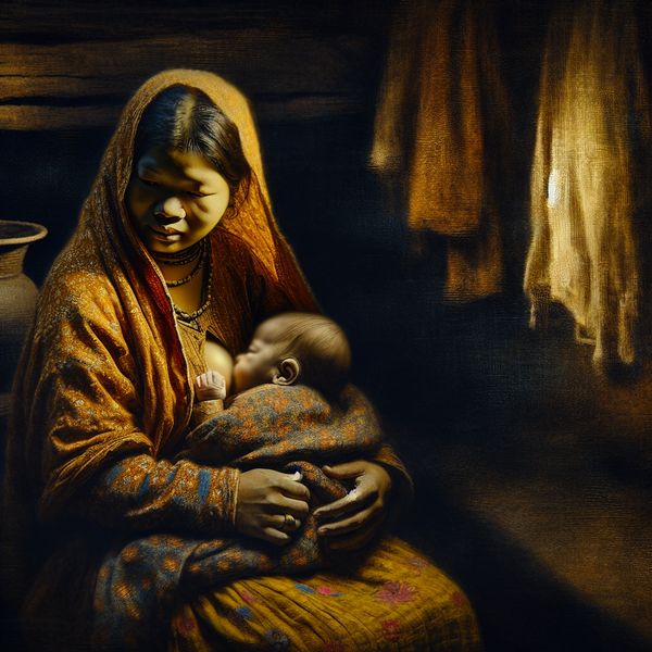 Teder moment van een moeder die haar baby borstvoeding geeft, geschilderd in de stijl van Rembrandt met warm licht en diepe schaduwen