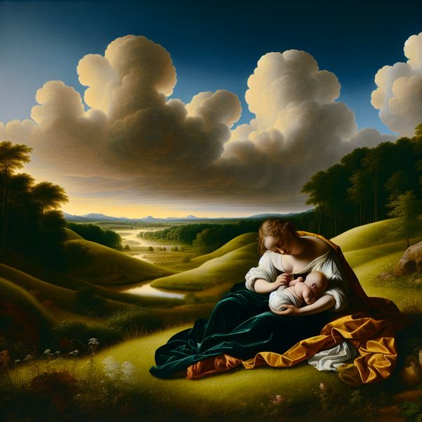 17e-eeuwse Hollandse schilderij van een moeder en baby op een grasheuvel, met focus op de buik van de moeder