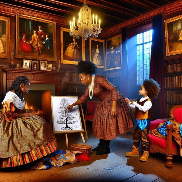 Familiegeschiedenis en Traditie in een Barokke Setting Een moeder die haar kinderen betrekt bij traditionele activiteiten in een prachtig versierde kamer met Barokke details.