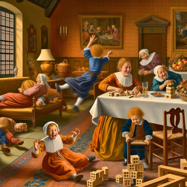 Een moeder kijkt geduldig toe terwijl haar kinderen spelen en rommel maken met speelgoed in een warm verlichte kamer.