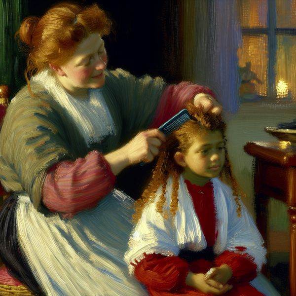 Moeder kamt voorzichtig hoofdluis uit het haar van haar dochter met een fijne luizenkam in een huiselijke setting