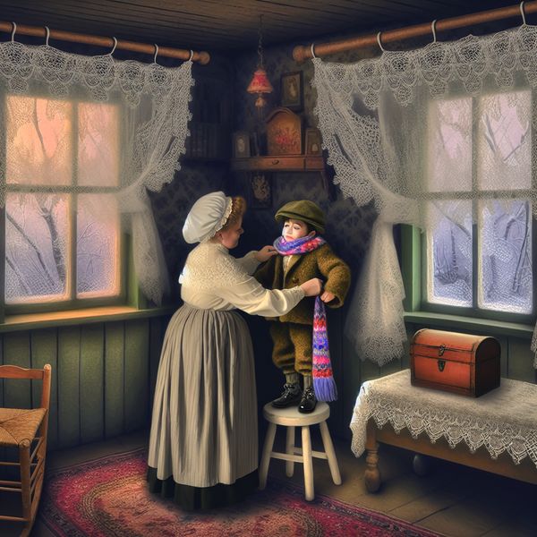 Teder moment waarop een moeder haar kind helpt met een warme wollen jas en kleurrijke sjaal aandoen in een nostalgische slaapkamer