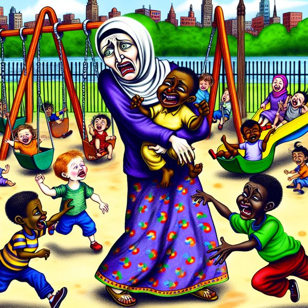 Moeder met kinderen in druk park Een cartoonachtige afbeelding van een drukke moeder in een park met speelse kinderen om haar heen.