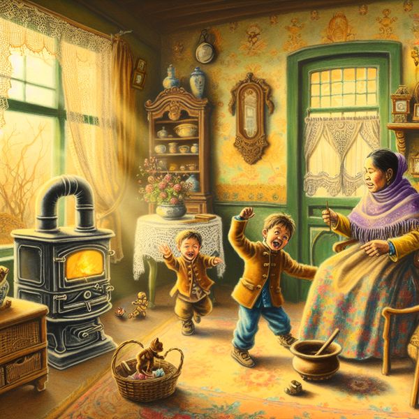 Een moeder in een vintage woonkamer probeert kalm te blijven terwijl haar kinderen spelen en rommel maken.